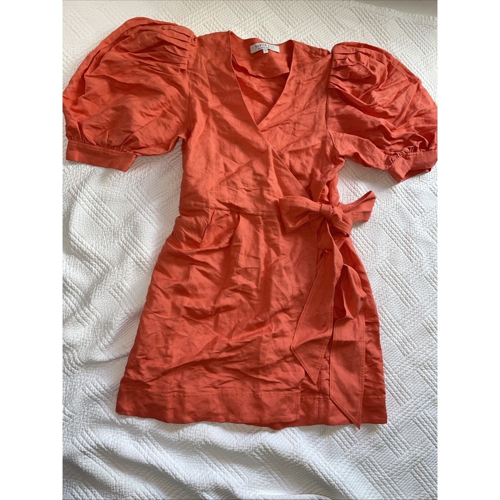Hunter Bell Wrap Dress Women's Large Coral V Neck Puff Sleeve Linen Blend Luxury - Picture 3 of 10